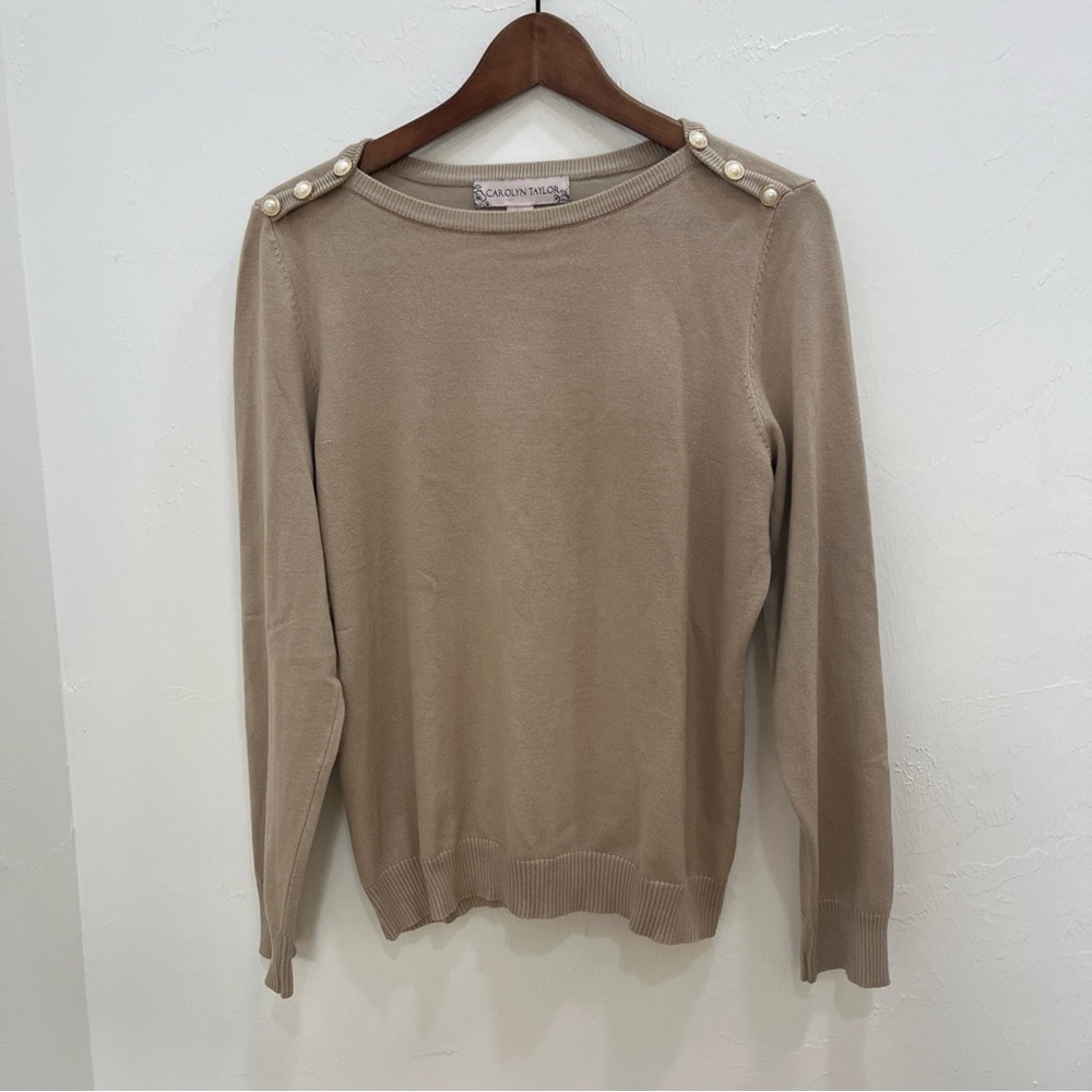 Carolyn Taylor Beige Long Sleeve‎ Pull Over Sweater size P/XL Mock Neck Pearls